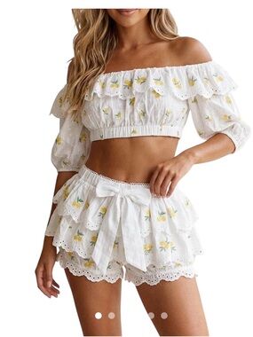 For Love & Lemons White Off-Shoulder Lemon Embroidered Crop Top & Shorts Set